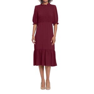 London Times Women's Smocked Bodice Tiered Midi Dress Red Size 12